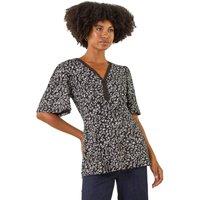 Roman Women's Floral Print V-Neck Lace Stretch Top in Black | Size: 12