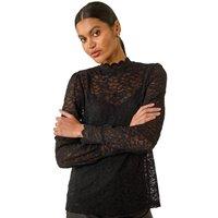 Roman Women's Lace Frill High Neck Stretch Top in Black | Size: 20