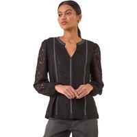 Roman Women's Studded Lace Notch Neck Top in Black | Size: 20