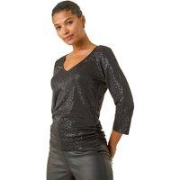 Roman Women's Sequin Wrap Stretch Top in Black | Size: 20