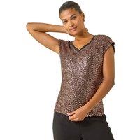 Roman Women's Sequin V-Neck Stretch Top in Bronze | Size: 18