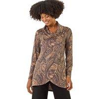 Roman Women's Paisley Print Cowl Neck Stretch Top in Taupe | Size: 14
