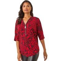 Roman Women's Animal Print Zip Front Stretch Top in Red | Size: 10