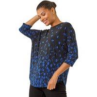 Roman Women's Border Print Curved Stretch Top in Royal | Size: 14