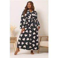 Yours Women's Love Heart Maxi Dressing Gown in Black | Size: 26-28