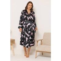 Yours Women's Leopard Satin Robe in Black | Size: 14-16