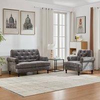 FURNITURE ONE Velvet Tufted Sofa Set, Gray Sectional Couch -1+2 Set in Grey | Size: 1 Pack