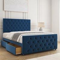 BSSPOKE Maya Plush Velvet Divan Bed 24Headboard 2Drawers Same Side & Mattress in Blue | Size: King