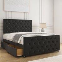 BSSPOKE Maya Plush Velvet Divan Bed 24Headboard 2Drawers Same Side & Mattress in Black | Size: Double