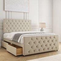 BSSPOKE Maya Plush Velvet Divan Bed 24Headboard 2Drawers Same Side & Mattress in Cream | Size: Single