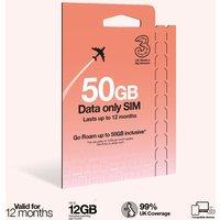 Three PAYG Mobile Broadband SIM, Pre-loaded with 50GB of Data that Lasts up to 12 Months in Red