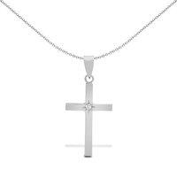 Jewelco London 18ct White Gold 0.03ct Diamond Minimalist Solitaire Cross Pendant in Silver