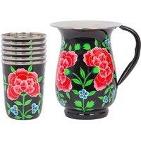 Billy Can Hand-Painted Picnic Water Jug with 300ml Cups - 1.7L - Carbon Peony in Black