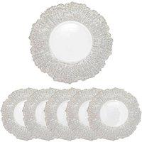 Neel Blue 33cm Set of 6 Charger Plates Peacock Design Glass Plates for Dinner Table Decoration in Metallic Silver