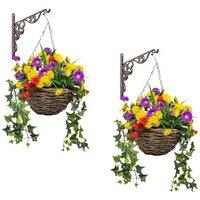 Primrose Pair of Artificial Wildflower Flowers Rattan Hanging Basket Decoration Purple Yellow & Orange 25cm in Green