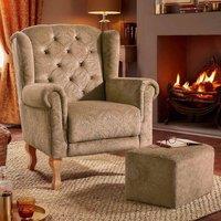 Coopers of Stortford Armchair with Footstool, Patterned Velvet Wingback Chair in Light Brown
