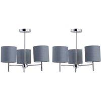 First Choice Lighting Set of 2 Brea - Chrome 3 Light Fittings with Grey Cotton Shades in Silver