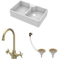 Balterley Fireclay 2 Bowl Stepped Weir Butler Sink WastesTap 895mm in White