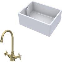 Balterley Fireclay 1 Bowl Belfast Sink Tap Brushed Brass 615mm in White