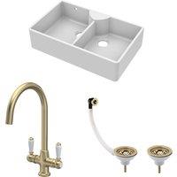 Balterley Fireclay 2 Bowl Stepped Weir Butler Sink Wastes Tap 895mm in White