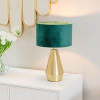 ValueLights Jax Antique Brass Dimmable Touch Table Lamp with Velvet Drum Shade with LED Bulb in Bottle Green
