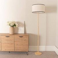 ValueLights Heather Light Wood Single Stem Floor Lamp with Natural Fabric Drum Lamp Shade in Black