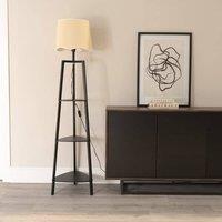 ValueLights Hiru Black 3 Tier Wood Shelf Floor Lamp with Trim Linen Scallop Shade in White
