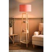 ValueLights Hiru Cream 3 Tier Wooden Shelf Floor Lamp with Drum Shade & Bulb in Pale Pink