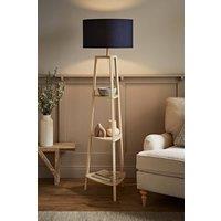 ValueLights Hiru Painted Cream 3 Tier Wooden Shelf Floor Lamp with Drum Lamp Shade in Navy