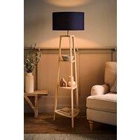 ValueLights Hiru Cream 3 Tier Wooden Shelf Floor Lamp with Drum Shade & Bulb in Navy
