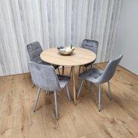 KOSY KOALA Round Oak Effect Kitchen Dining Table With 4 Grey Velvet Tufted Chairs Dining Set