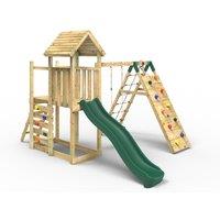 OutdoorToys Extended Tower Wooden Climbing Frame with Swings & Slide - Bear in Beige