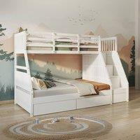 Bedzonline Babyfair Triple Bunk Bed with Staircase Storage & Under-Bed Drawers - Single Over Double Sleeper in White | Size: 200 cm x 100 cm