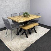 KOSY KOALA Wooden Dining Table with Bench & 4 Grey Velvet Chairs, Stylish Dining Room Furniture in Brown