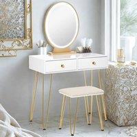 Pirlo Plush 2 Drawer Dressing Table With Mirror, LED Lights & Stool in White