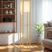 FURNOS Modern Dimmable Floor Lamp For Living Room With 3 Shelves Beech Wood in Brown