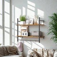 FURNOS 2 Tier Wall Mounted Floating Shelf With Hanging Rail & Hooks in Brown
