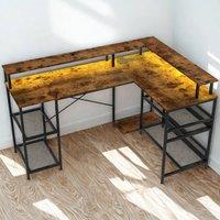 FURNOS Industrial L Shaped Computer Desk With USB Outlets & LED Lights in Brown