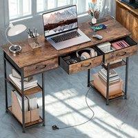 FURNOS Industrial 120CM Computer Desk With Drawers & USB Outlets in Brown