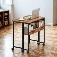 FURNOS Industrial Drop Leaf Extendable Computer Writing Desk with Wheels in Brown