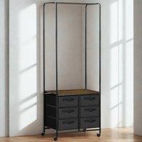 FURNOS Open Wardrobe Clothes Rail With Storage Drawers on Wheels in Brown