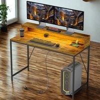 FURNOS Industrial 120CM Computer Desk With USB Outlets & LED Lights in Brown