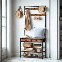 FURNOS Industrial Entryway Hall Tree Coat Rack Stand With Shoe Storage in Brown