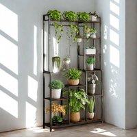 FURNOS Large Industrial Metal Plant Stand With Storage Shelves in Black