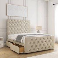 BSSPOKE Maya Plush Velvet Divan Bed 54Headboard & 2Drawers Footend &Mattress in Cream | Size: Small Double