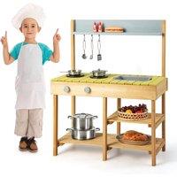 Costway Outdoor Mud Kitchen Set Outdoor Play Kitchen Set w/Shelves-Natural in Natural
