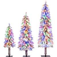 Gymax 3Ft 4Ft 5Ft Artificial Christmas Tree Set Flocked Pre-lit Xmas Tree in Green | Size: 3 Pack