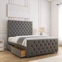 BSSPOKE Maya Plush Velvet Divan Bed 54Headboard & 2Drawers Same Side Mattress in Grey | Size: Double
