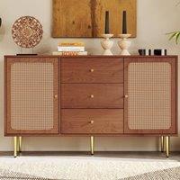 HomeTouch Rattan Sideboard with Drawers Walnut Effect Side Cabinet Chest of Drawers in Brown | Size: 1 Pack