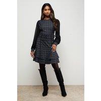 Oasis Women's Checked Belted Balloon Sleeve Flippy Mini Dress in Mono | Size: 8